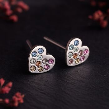 Sterling Silver Rainbow Heart Stud Earrings, 2 of 6