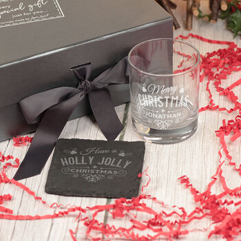 Christmas Holly And Snowflake Tumbler Glass With Chocolate Tree And Coaster Gift Boxed Set, 4 of 7