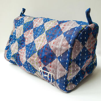 Handmade Toiletry Bag, Navy Kantha Stitch Sari Fabric, 3 of 9
