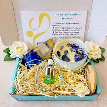The Serenity Ritual Hamper For Women And Men – Luxury Gardenia Candle, Aromatherapy Bracelet And Crystal Soap Gift Set, 5 of 9