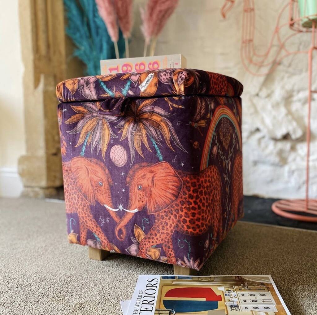 Footstool Ottoman In Elephant Print Velvet By Sparrow & Plumb