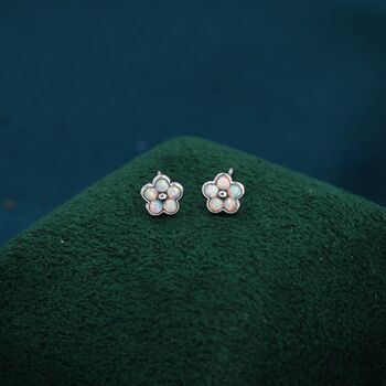 White Opal Flower Stud Earrings Sterling Silver, 3 of 12