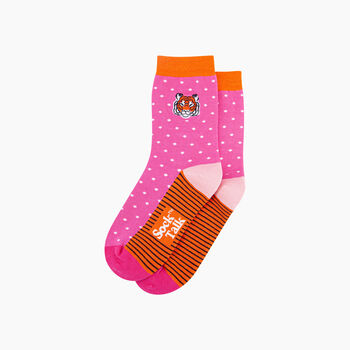 Embroidered Tiger Face Combed Cotton Socks In Pink, 3 of 4