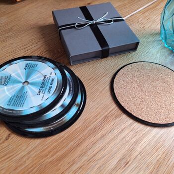 Set Of Four Vinyl Record Drink Coasters Decades 60's 70's 80's 90's 2000's Eighties Noughties Mats Retro Steam Punk Upcycled, 7 of 12