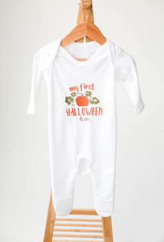 Baby's 'My First Halloween' Embroidered Personalised Babygro Sleepsuit, 4 of 4