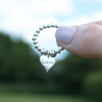 Sterling Silver Ball Bead Ring With Love Heart Charm, 8 of 12