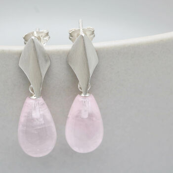 Silver Deco Dropper Earrings With Rose Quartz, 7 of 8