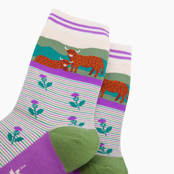 Highland Cow And Thistles Striped Bamboo Socks, 2 of 4
