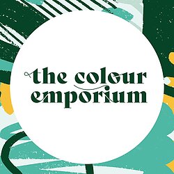 "the colour emorium" logo in a white circle laid upon a patterned background of greens and yellow