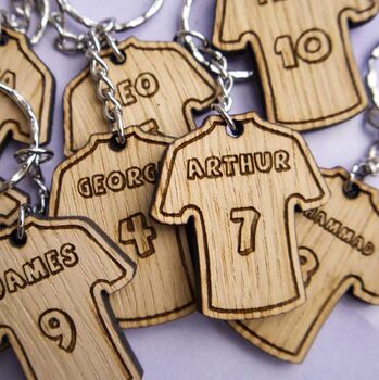 Personalised Football Shirt Keyring With Engraved Names And Numbers — Perfect For Kids' Party Favours, Team Gifts Or Stocking Fillers, 4 of 7