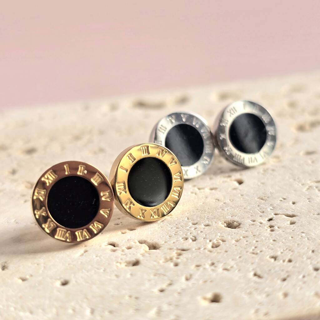 Roman Numeral Enamel Stud Earrings Tarnish Resistant, 1 of 4