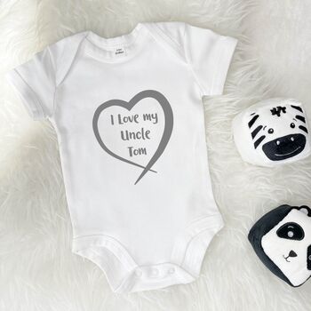 I Love My Uncle Personalised Heart Babygrow, 2 of 9