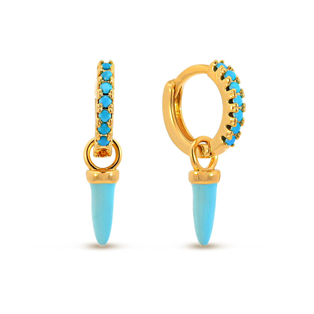 Blue Natural Stone Huggie Hoop Earrings With Horn