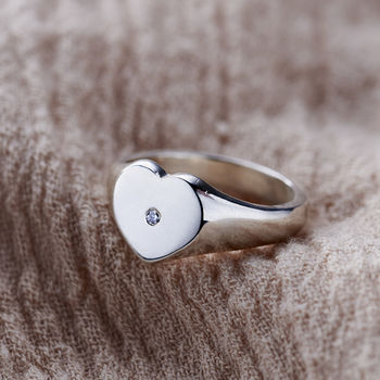 Personalised Handstamped Heart Signet Ring With Diamond, 7 of 12
