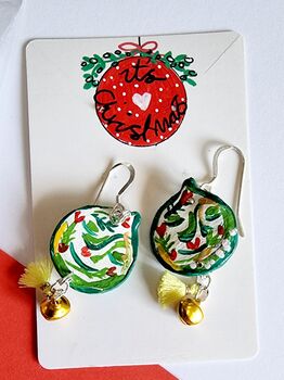 Hand Painted Brussel Sprout Face Bauble Earrings, 5 of 11