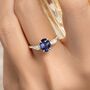 Blue Sapphire Oval Cut Three Stone Engagement Ring In Sterling Silver, thumbnail 1 of 12