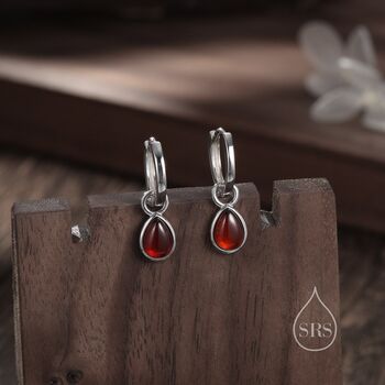 Sterling Silver Genuine Garnet Droplet Hoop Earrings, 2 of 10