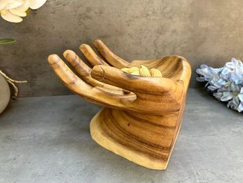 Teak Root Wooden Giant Hand Shaped Trinket Dish Or Bowl Décor, 2 of 8