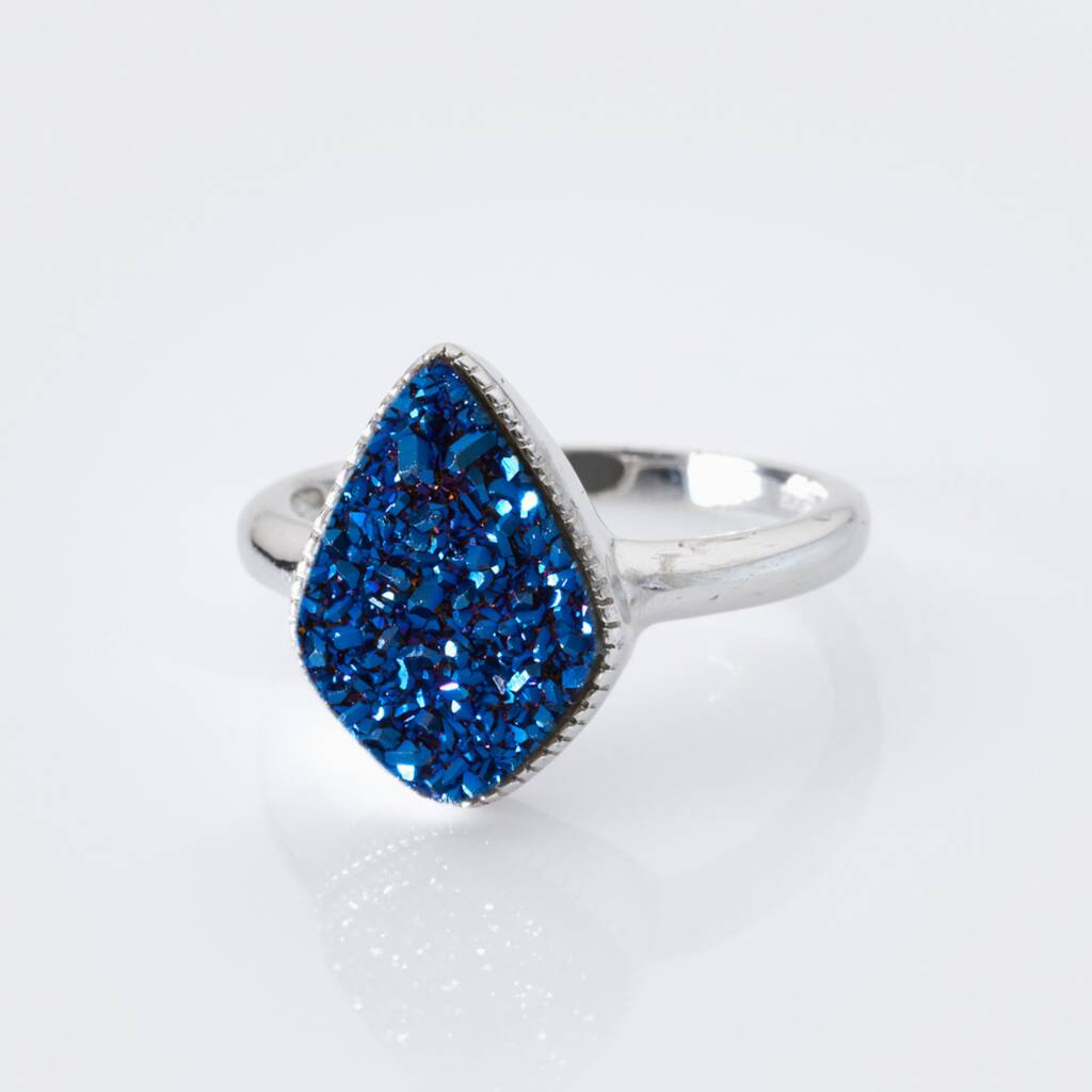 925 Sterling Silver Blue Druzy Crystal Ring By H.AZEEM London