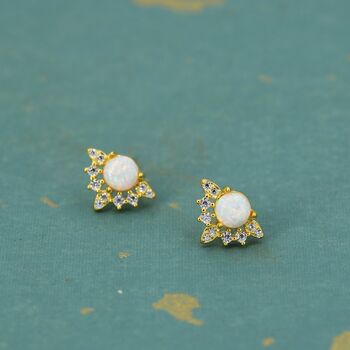 Sterling Silver Vintage White Opal Flower Cz Stud Earrings, 3 of 10