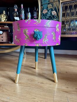 Pink Tiger Round Wooden Side Table With Drawer, 3 of 7