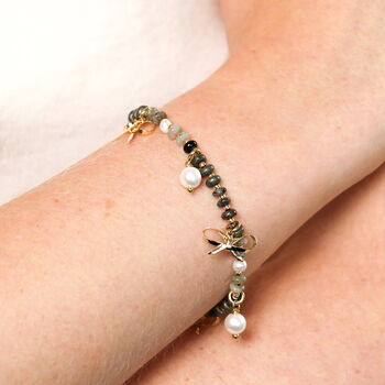 Semi Precious Black Beaded Bow Charm Bracelet In Gold, 3 of 4