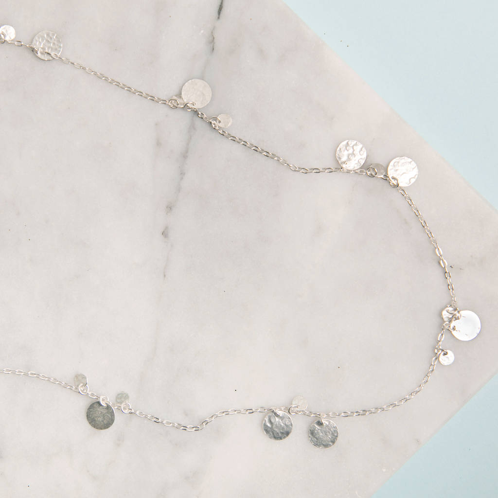 hammered silver discs long layering necklace by rochelle shepherd