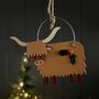 Highland Cow With Holly Hanging Decoration, thumbnail 1 of 2