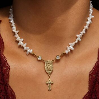 Handmade Freshwater Irregular Pearl Rosary Choker With Cross Charm, 5 of 9