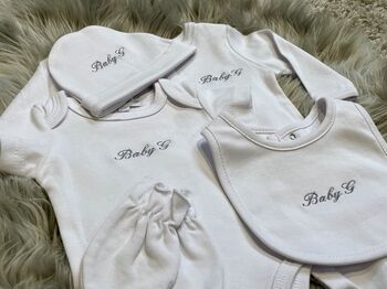 Newborn Five Piece Embroidered Baby Gift Set, 2 of 8