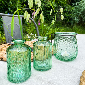Set Of Two Green Pressed Glass Bottle Vases Florence, 3 of 7