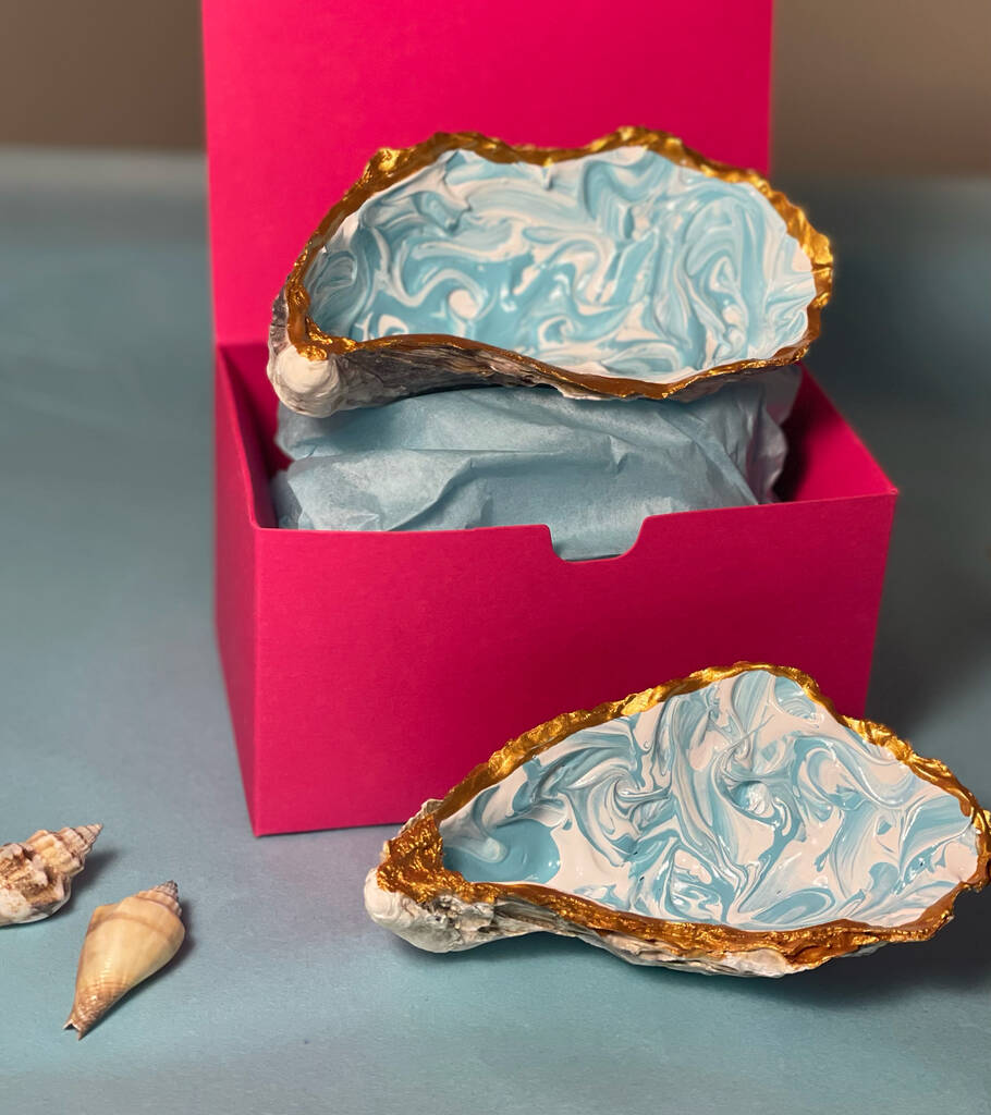 Two Bespoke Turquoise Marbled Oyster Shells By OysteraUK