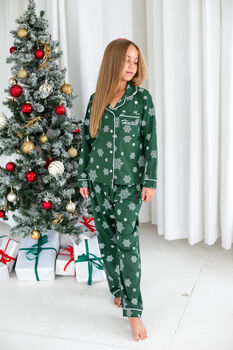 Family Christmas Green Snowflake Personalised Pyjamas, 7 of 12