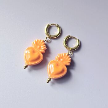 Sacred Heart Orange Earrings With 18ct Gold Plated Huggie Hoops, 3 of 6