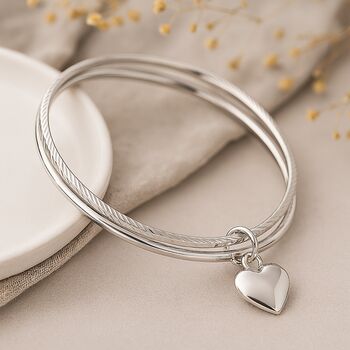 Personalised Heavy Sterling Silver Double Bangle With Heart Charm, 3 of 10