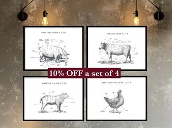 Set Of Four British Butcher Chart, Meat Cuts Diagrams, 2 of 3