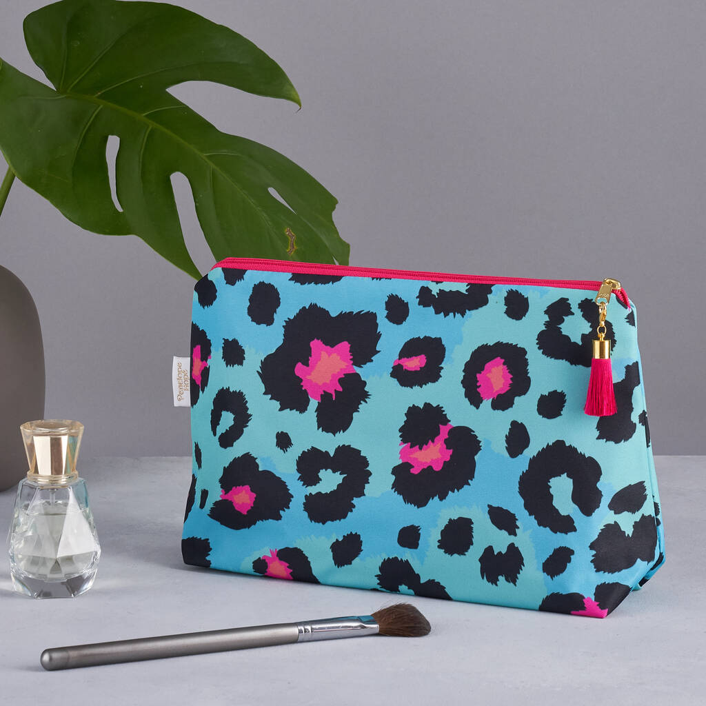 Personalised Teal Leopard Print Travel Wash Bag By Penelope Hope