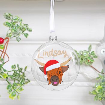 Highland Cow Coo Personalised Christmas Tree Bauble, 3 of 4