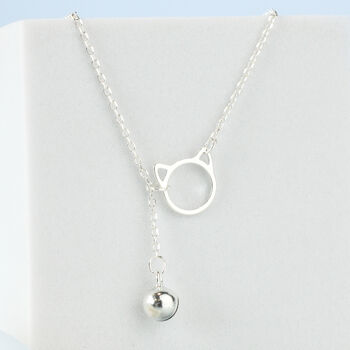 Sterling Silver Cat Pendant Necklace With Hanging Bell, 2 of 5