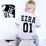 Personalised Football Style Kids Name And Number T Shirt, thumbnail 1 of 7