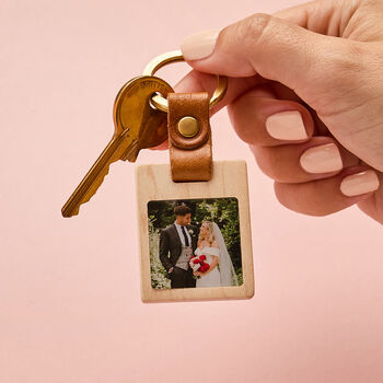 Personalised Wooden Photo Keyring With Leather Strap, 2 of 6