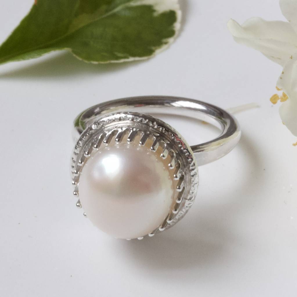 White Pearl Cocktail Ring, Silver Big Pearl Ring By Caroline Brook ...