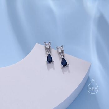 Sapphire Blue Cz Dangle Round Droplet Stud Earrings, 6 of 11