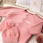 Luxury Dawn Pink Bobble Hat And Cardigan Baby Gift Set, thumbnail 9 of 12
