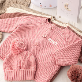Luxury Dawn Pink Bobble Hat And Cardigan Baby Gift Set, 3 of 12