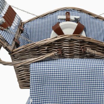 Deluxe Wicker Blue Gingham Lining Four Person Picnic Basket, 3 of 3