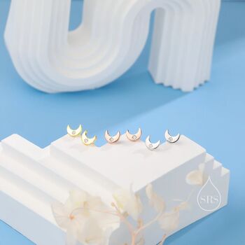 Tiny Moon With Starburst Stud Earrings Sterling Silver, 2 of 11