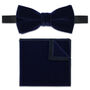 Mens Navy Blue Velvet Bow Tie And Pocket Square Set, thumbnail 1 of 4