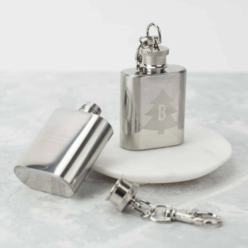 Image of Initial Tree Mini Hip Flask Keyring Christmas
