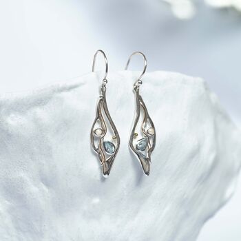 Silver Blue Topaz And Pearl Statement Drop Earrings, 3 of 8